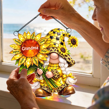 Personalized Grandma Gnome Sunflower Acrylic Suncatcher Ornament for Window Decor, Bright Sunlight Reflection, Unique Gift