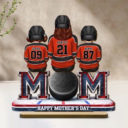 Personalized Hockey Mom 2-Layer Wooden Plaque, Back-View Mom and Kids on Rink Bench, Unique Mother's Day Gift