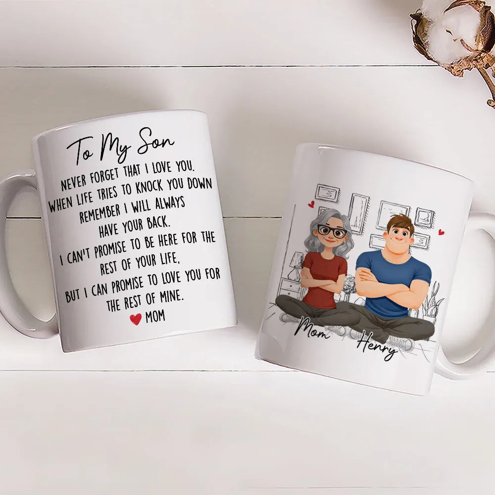 Personalized White Ceramic Mug With Mom and Son Cartoon Quote, Unique Encouraging Gift for Son From Mom