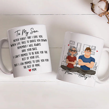 Personalized White Ceramic Mug With Mom and Son Cartoon Quote, Unique Encouraging Gift for Son From Mom