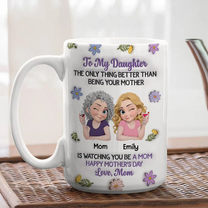 Personalized Mother Daughter Ceramic Mug with Cute Cartoon and Floral Accents - Unique Mother's Day Gift for Your Daughter