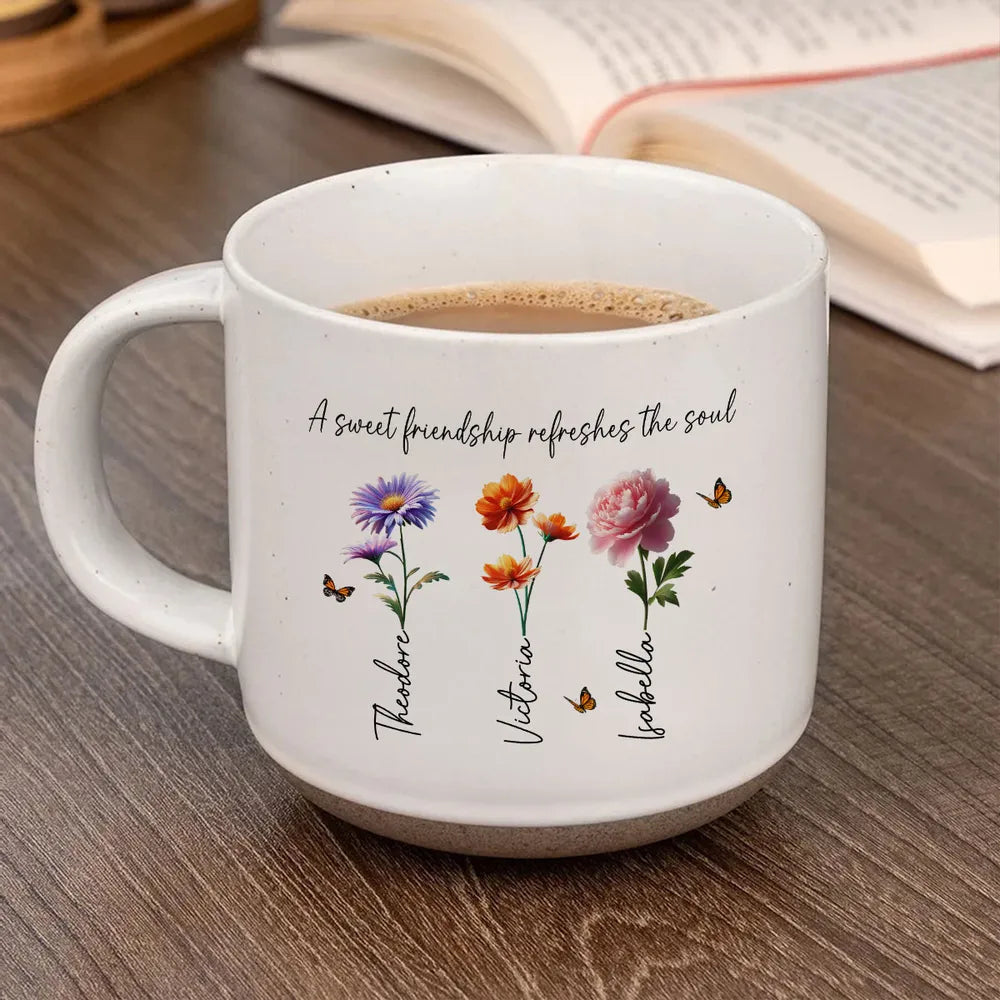 Personalized Pottery Mug with Birth Flowers and Sweet Friendship Quote, Unique Best Friend Gift for Coffee and Tea