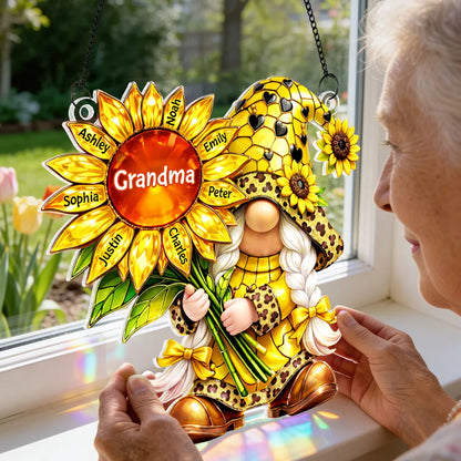 Personalized Grandma Gnome Sunflower Acrylic Suncatcher Ornament for Window Decor, Bright Sunlight Reflection, Unique Gift