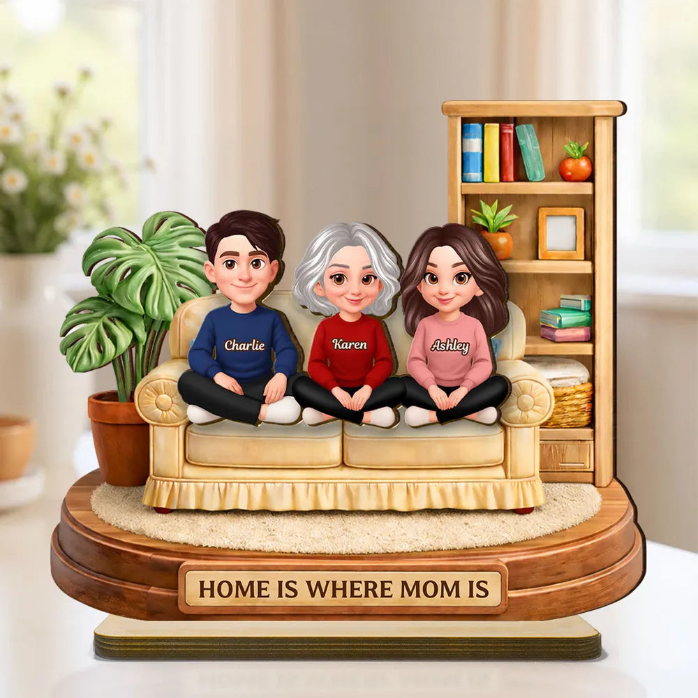Personalized 2-Layer Wooden Plaque, Home Is Where Mom Is Couch Family Scene, Unique Gift for Mom