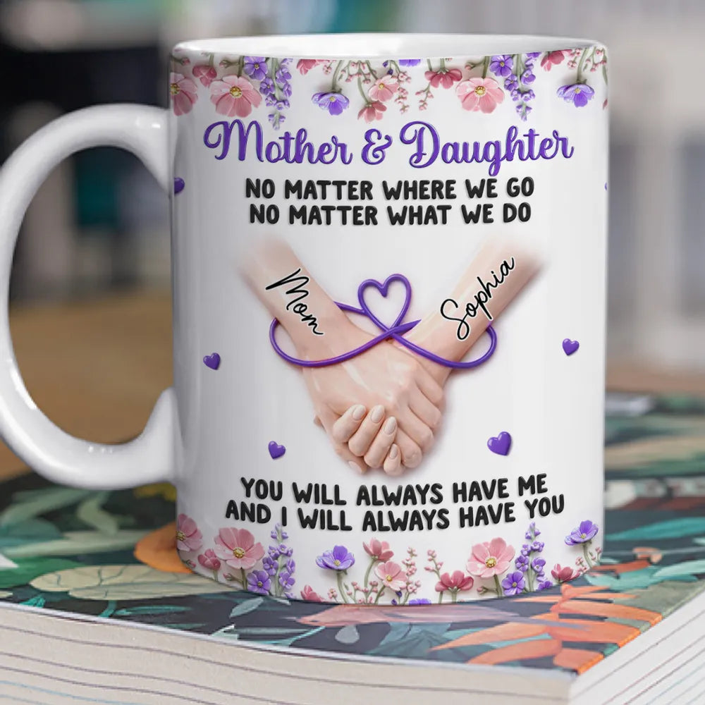 Mother & Daughter Ceramic Mug, Personalized Name Style Keepsake, Purple Floral Holding Hands Art, Thoughtful Gift for Daughter