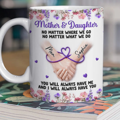 Mother & Daughter Ceramic Mug, Personalized Name Style Keepsake, Purple Floral Holding Hands Art, Thoughtful Gift for Daughter