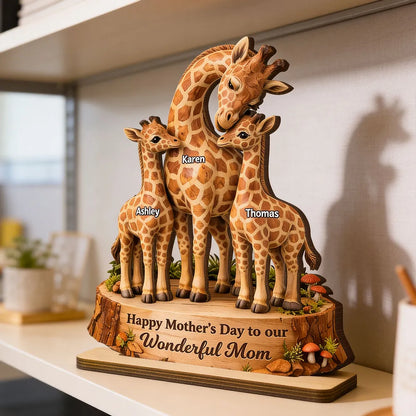 Personalized 2-Layer Wooden Plaque with Giraffe Mom and Calves, Mother's Day Keepsake, Unique Gift for Mom