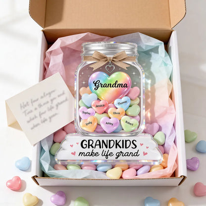 Shaped Acrylic Block Plaque for Grandma, Personalized Grandkids Candy Hearts Keepsake, Cute Home Accent Gift for Grandma