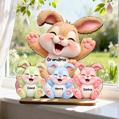 Personalized 2-Layer Wooden Plaque with Grandma Bunny and Little Bunnies Easter Table Decor, Unique Gift for Grandma