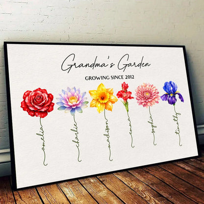 Personalized Grandma's Garden Birth Month Flower Poster, Vibrant Wall Art Keepsake, Unique Gift for Grandma