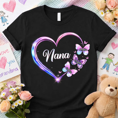 Personalized Grandma Butterfly Heart Classic Tee, Custom Keepsake Gift for Grandma, Glowing Neon Style Love Design