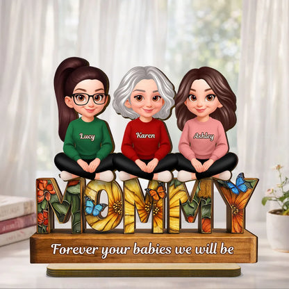 Personalized 2-Layer Wooden Plaque Mom Sign With Butterfly Art, Cute Cartoon Women Sitting, Unique Mother's Day Gift