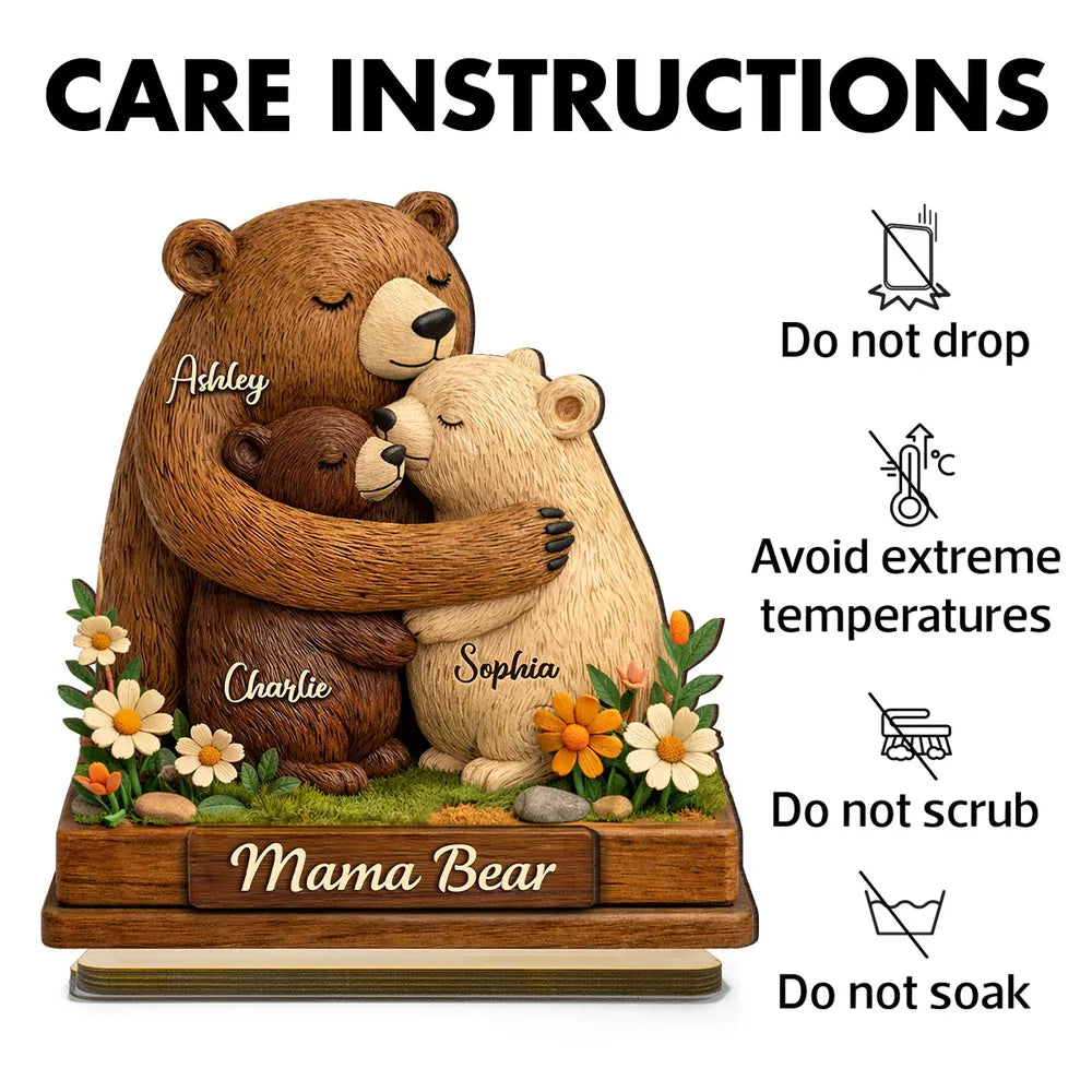 Personalized 2-Layer Wooden Plaque Mama Bear Hugging Cubs, Sweet Floral Family Keepsake, Unique Gift for Mom or Grandma
