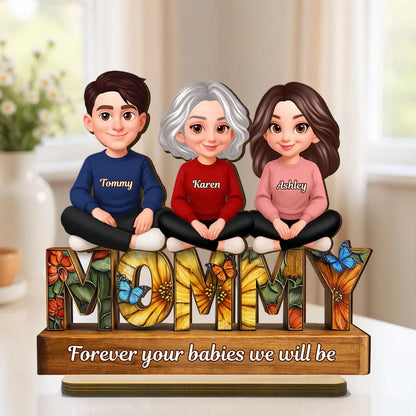 Personalized 2-Layer Wooden Plaque Mom Sign With Butterfly Art, Cute Cartoon Women Sitting, Unique Mother's Day Gift