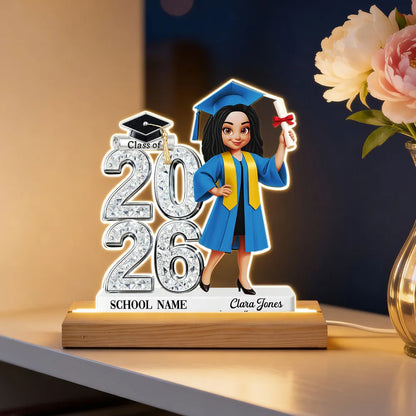 Personalized Block LED Light Plaque Graduation Night Light with Graduate Girl Holding Diploma, Warm Glow Unique Gift