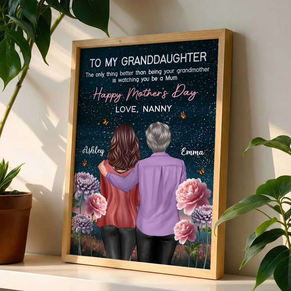 Personalized Mother's Day Poster for Granddaughter, Grandma and Granddaughter Hugging Under Starry Sky, Unique Gift
