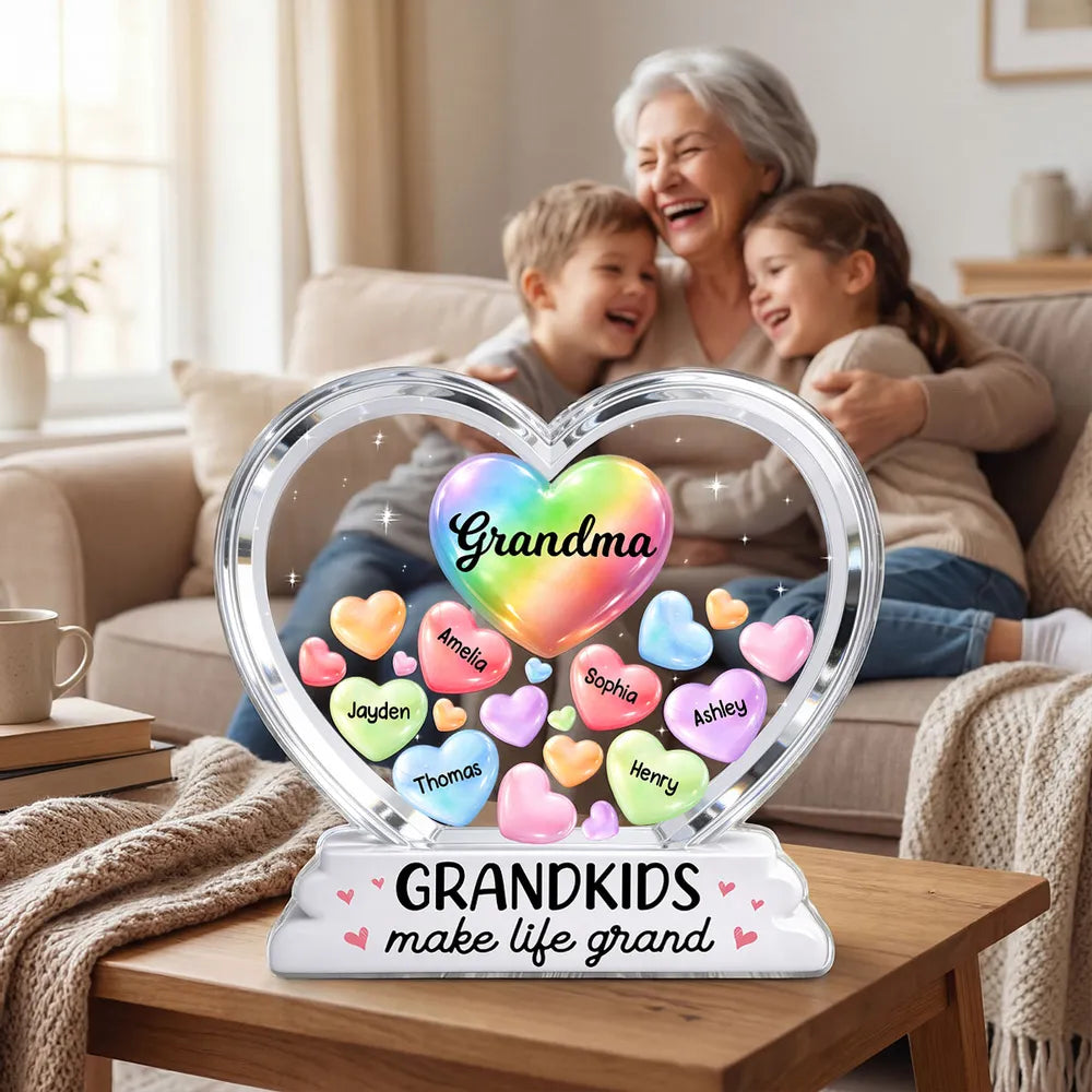 Personalized Shaped Acrylic Block Plaque for Grandma, Colorful Heart Grandkids Design, Sweet Shelf Decor, Unique Gift