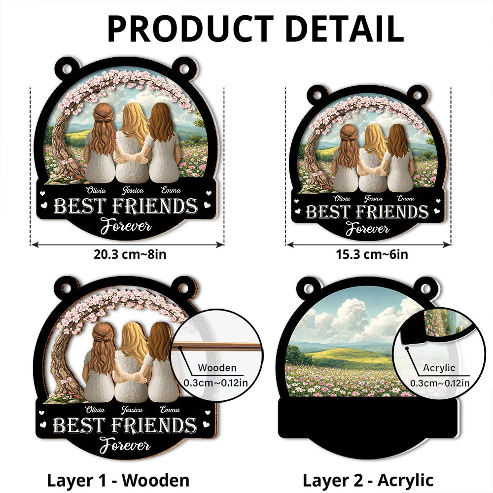 Personalized Wood and Acrylic Layered Ornament Best Friends Forever, Back View Hugging Friends in Wildflower Meadow, Unique Gift