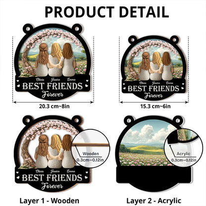 Personalized Wood and Acrylic Layered Ornament Best Friends Forever, Back View Hugging Friends in Wildflower Meadow, Unique Gift