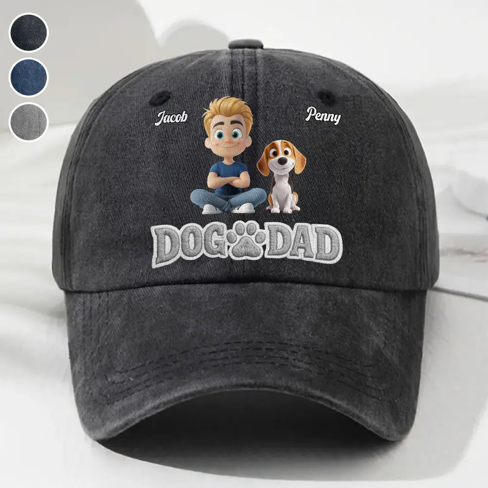 Personalized Unstructured Washed Cotton Cap With Cartoon Dog Dad Art, Unique Gift for Dog Lover