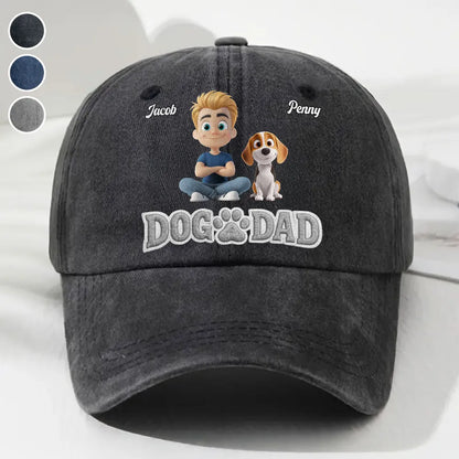 Personalized Unstructured Washed Cotton Cap With Cartoon Dog Dad Art, Unique Gift for Dog Lover