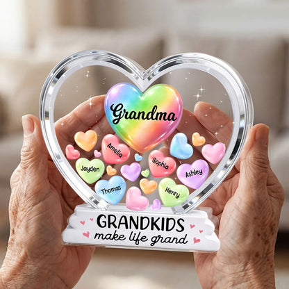 Personalized Shaped Acrylic Block Plaque for Grandma, Colorful Heart Grandkids Design, Sweet Shelf Decor, Unique Gift