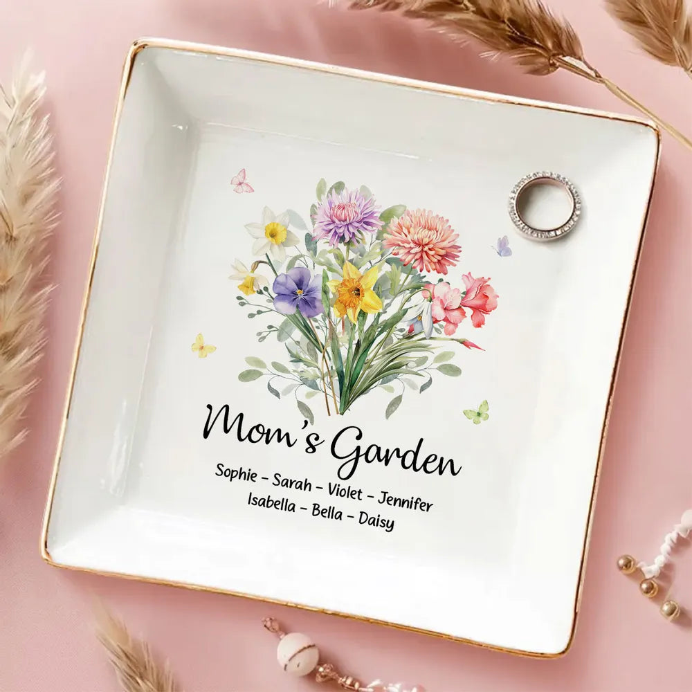 Mom's Garden Jewelry Dish, Personalized Floral Ring Holder for Daily Jewelry Storage, Thoughtful Gift for Mom