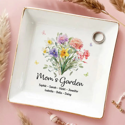 Mom's Garden Jewelry Dish, Personalized Floral Ring Holder for Daily Jewelry Storage, Thoughtful Gift for Mom