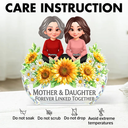 Personalized Shaped Acrylic Block Plaque, Mother & Daughter Forever Linked Together Sunflower Decor, Unique Gift for Mom