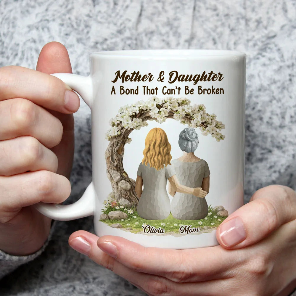 Personalized Mother & Daughter White Ceramic Mug with Back View Hug Under Blossom Tree, Unique Mother's Day Gift