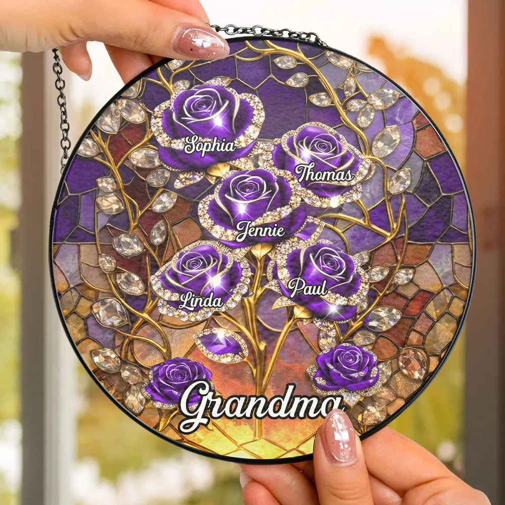 Personalized Glass Suncatcher Ornament with Purple Roses for Grandma, Stained Glass Style Window Display, Unique Keepsake Gift