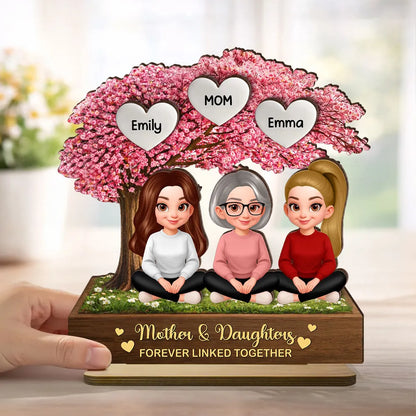 Personalized 2-Layer Wooden Plaque Mother & Daughter Under Pink Blossom Tree, Heartfelt Unique Gift for Mom