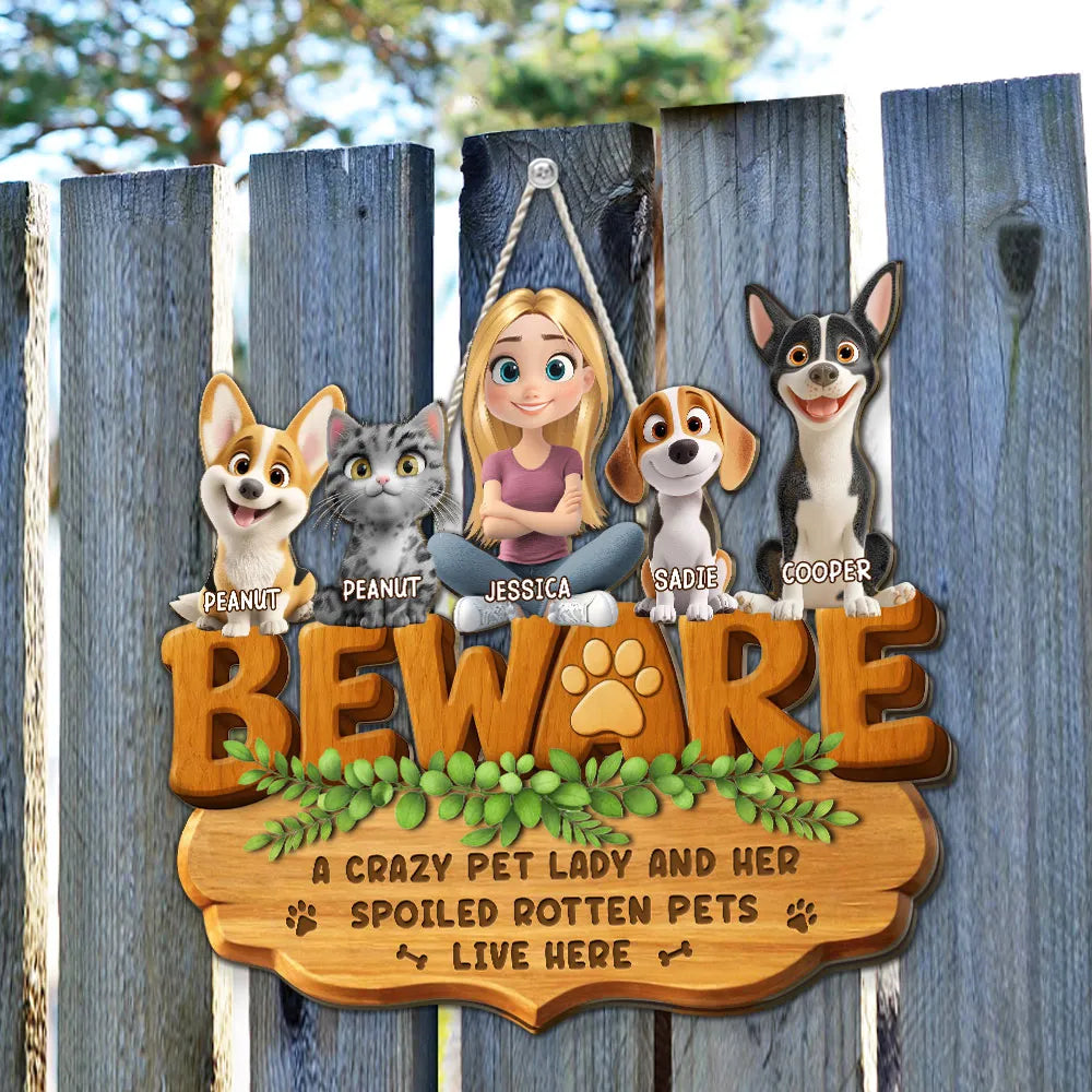 Beware Pet Lady Wooden Sign, Custom Cat & Dog Home Decor, Unique Creative Gift for Dog & Cat Lover