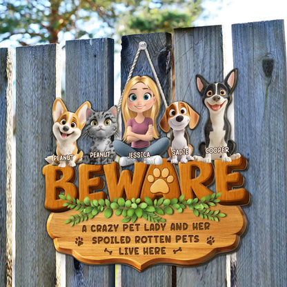 Beware Pet Lady Wooden Sign, Custom Cat & Dog Home Decor, Unique Creative Gift for Dog & Cat Lover