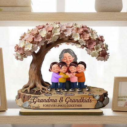Personalized 2-Layer Wooden Plaque with Hugging Grandma & Grandkids Under Blossom Tree - Unique Family Keepsake Gift
