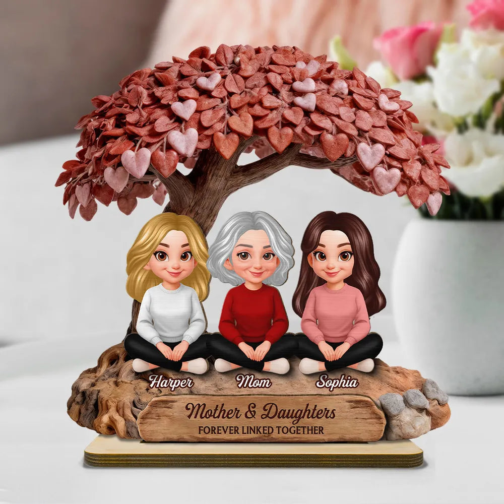 Personalized 2-Layer Wooden Plaque, Mother & Daughters Heart Tree Scene, Creative Gift for Mom