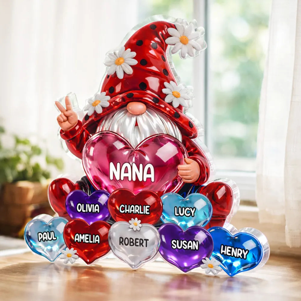 Personalized Shaped Acrylic Block Plaque Nana Gnome Holding Heart Balloons, Sweet Shelf Decor, Unique Gift for Grandma
