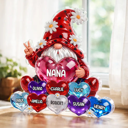 Personalized Shaped Acrylic Block Plaque Nana Gnome Holding Heart Balloons, Sweet Shelf Decor, Unique Gift for Grandma