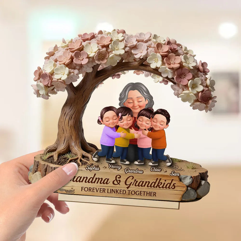 Personalized 2-Layer Wooden Plaque with Hugging Grandma & Grandkids Under Blossom Tree - Unique Family Keepsake Gift