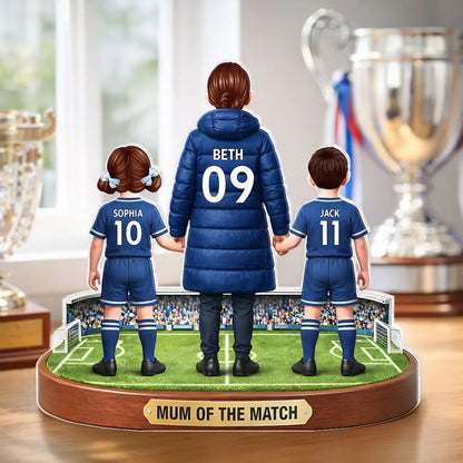 Personalized Shaped Acrylic Block Plaque Soccer Mom Holding Hands with Kids Keepsake, Mum of the Match Gift