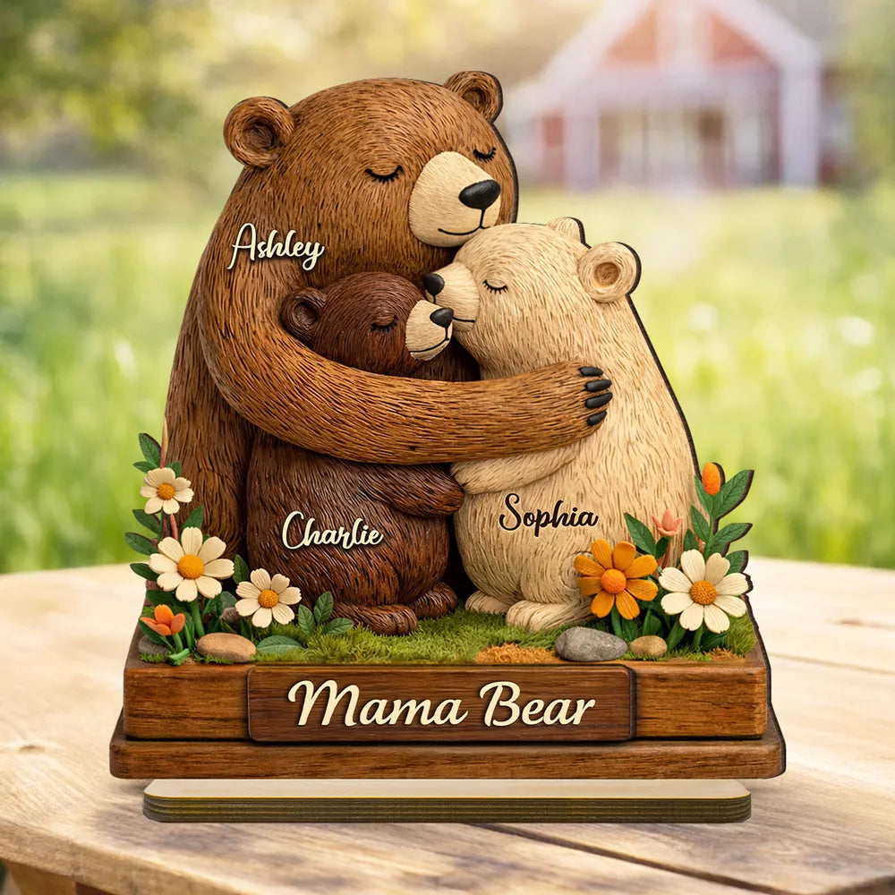 Personalized 2-Layer Wooden Plaque Mama Bear Hugging Cubs, Sweet Floral Family Keepsake, Unique Gift for Mom or Grandma
