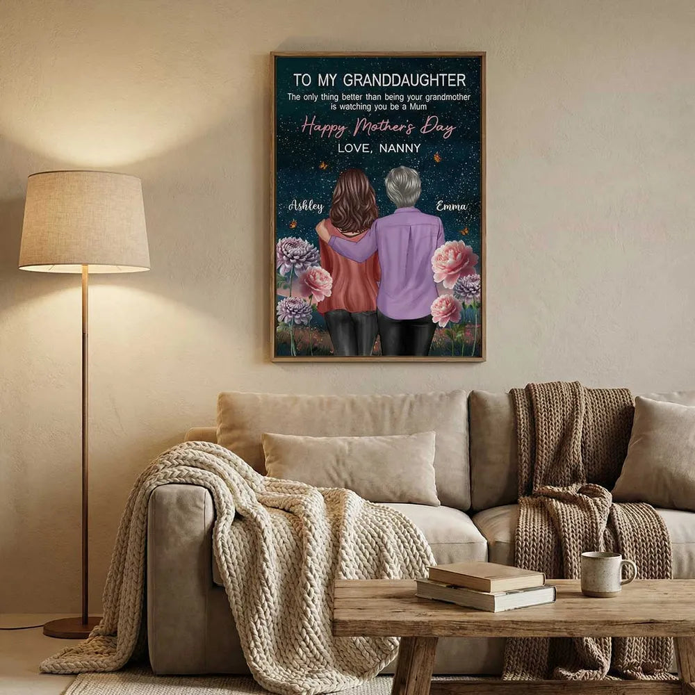 Personalized Mother's Day Poster for Granddaughter, Grandma and Granddaughter Hugging Under Starry Sky, Unique Gift