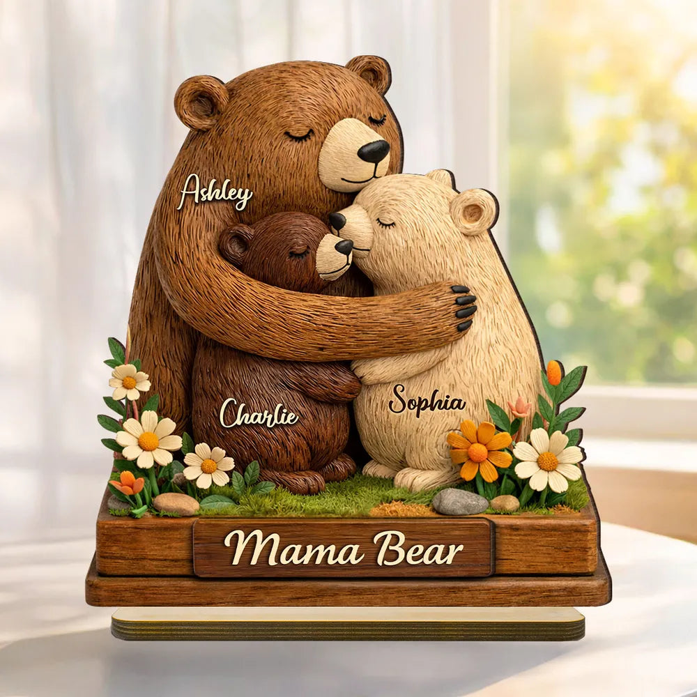 Personalized 2-Layer Wooden Plaque Mama Bear Hugging Cubs, Sweet Floral Family Keepsake, Unique Gift for Mom or Grandma