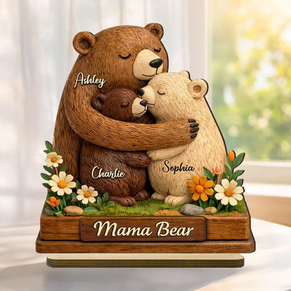 Personalized 2-Layer Wooden Plaque Mama Bear Hugging Cubs, Sweet Floral Family Keepsake, Unique Gift for Mom or Grandma