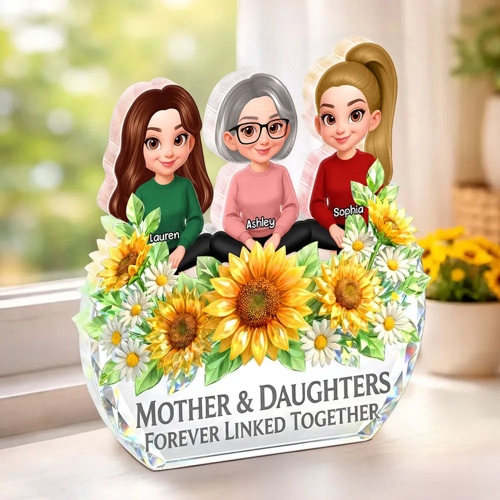 Personalized Shaped Acrylic Block Plaque, Mother & Daughter Forever Linked Together Sunflower Decor, Unique Gift for Mom