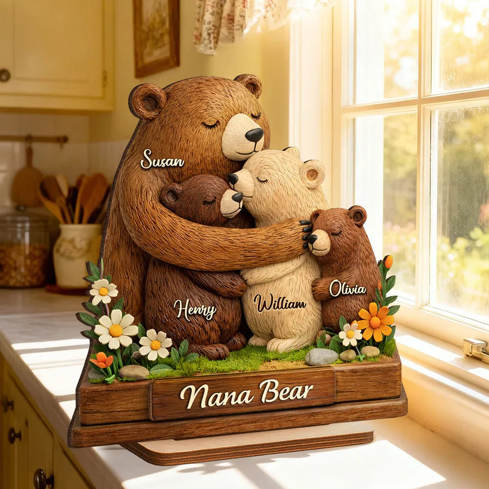 Personalized 2-Layer Wooden Plaque Mama Bear Hugging Cubs, Sweet Floral Family Keepsake, Unique Gift for Mom or Grandma