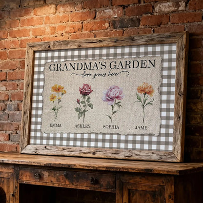 Personalized Grandma's Garden Birth Month Flowers Poster, Gingham Wall Art, Unique Gift for Grandma or Mom