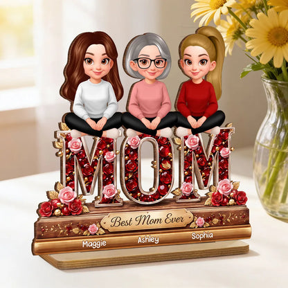 Personalized 2-Layer Wooden Plaque Mom with Daughters Sitting on MOM Roses Best Mom Ever Unique Gift for Mom or Grandma