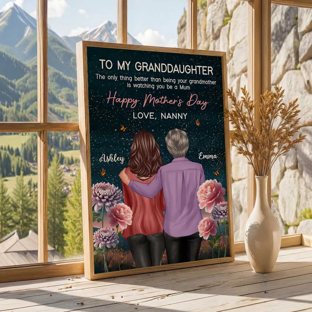 Personalized Mother's Day Poster for Granddaughter, Grandma and Granddaughter Hugging Under Starry Sky, Unique Gift