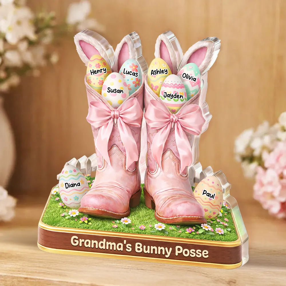 Personalized Shaped Acrylic Block Plaque Grandma's Bunny Posse Easter Boots Shelf Decor, Unique Gift for Grandma